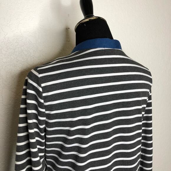 Hipster Row gray white striped blue trim snap front long cardigan size Medium - Picture 8 of 13